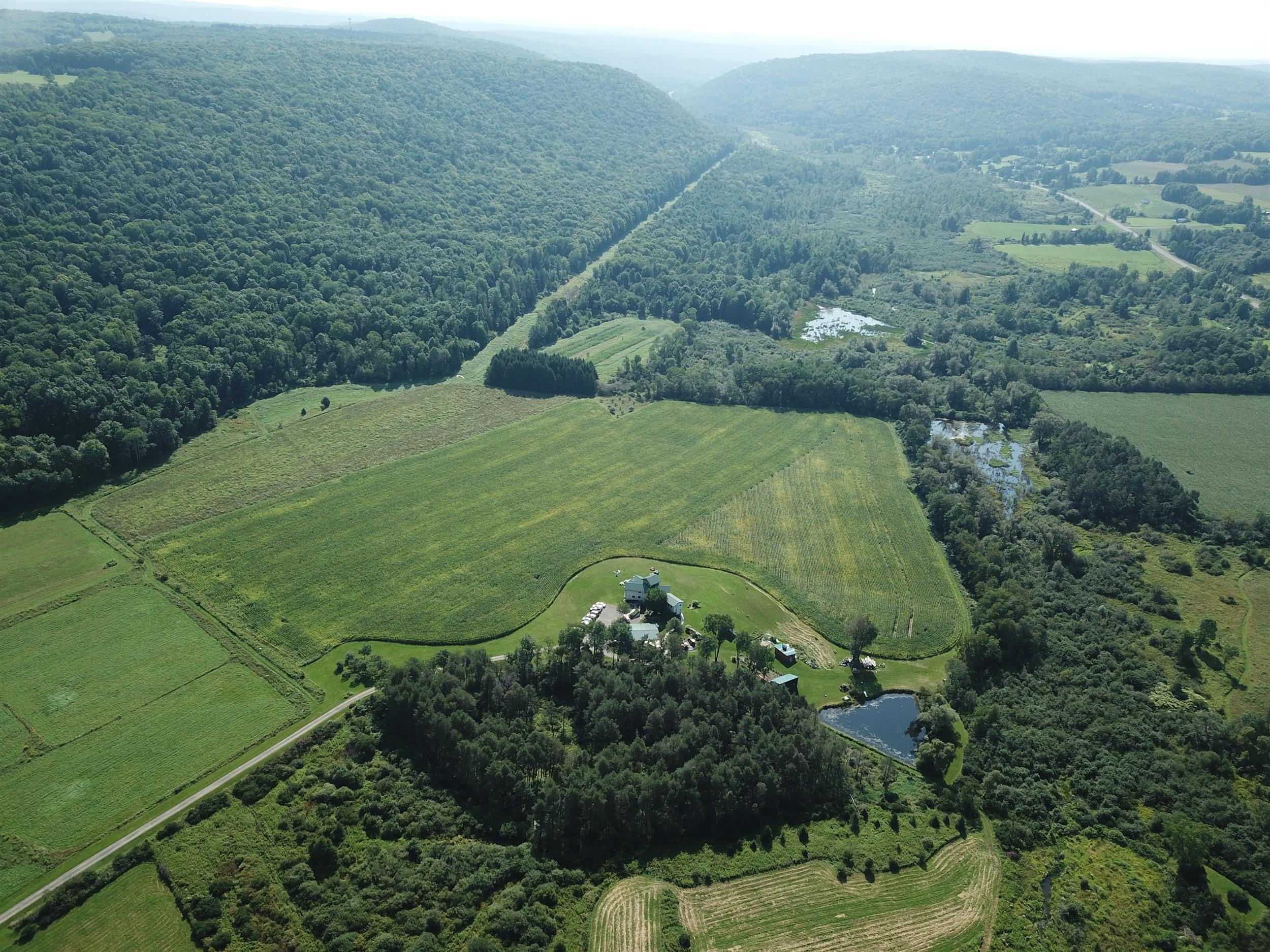 aerial photo of house hillside and field
